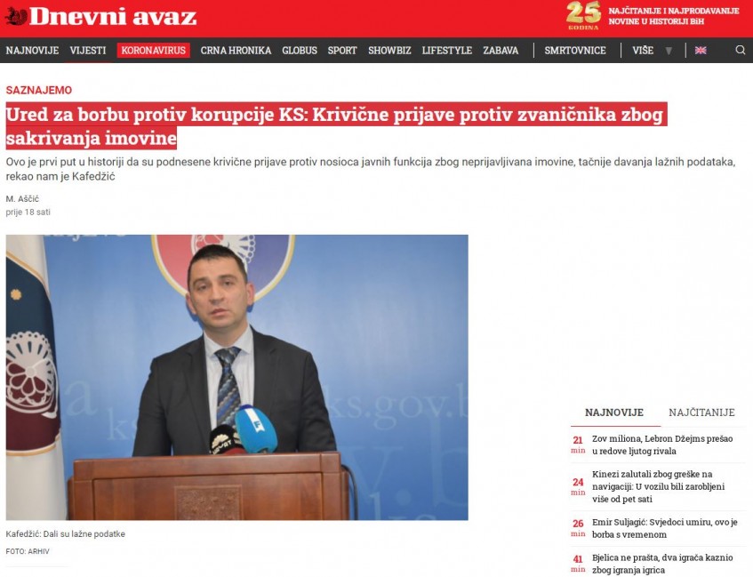 Ured za borbu protiv korupcije KS: Krivične prijave protiv zvaničnika zbog sakrivanja imovine
