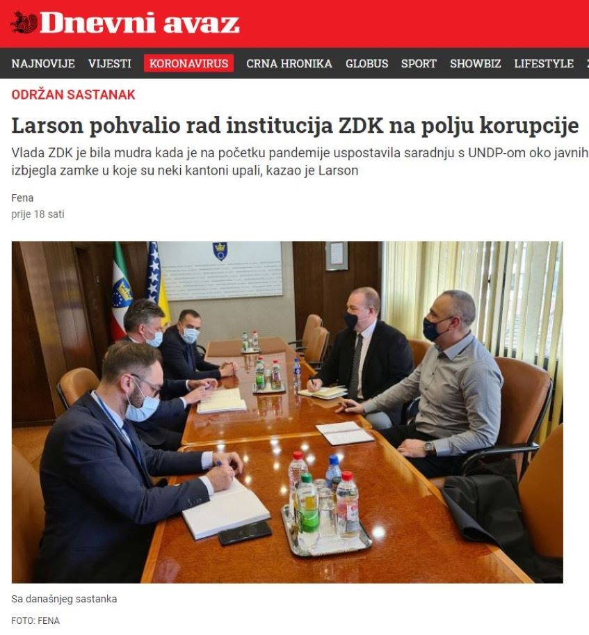 Larson pohvalio rad institucija ZDK na polju korupcije