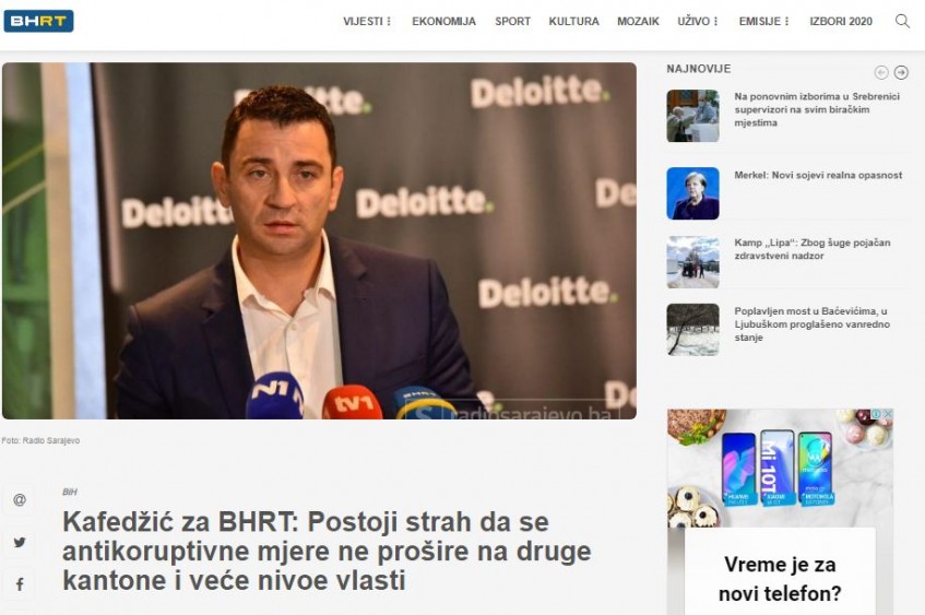 Kafedžić za BHRT: Postoji strah da se antikoruptivne mjere ne prošire na druge kantone i veće nivoe vlasti