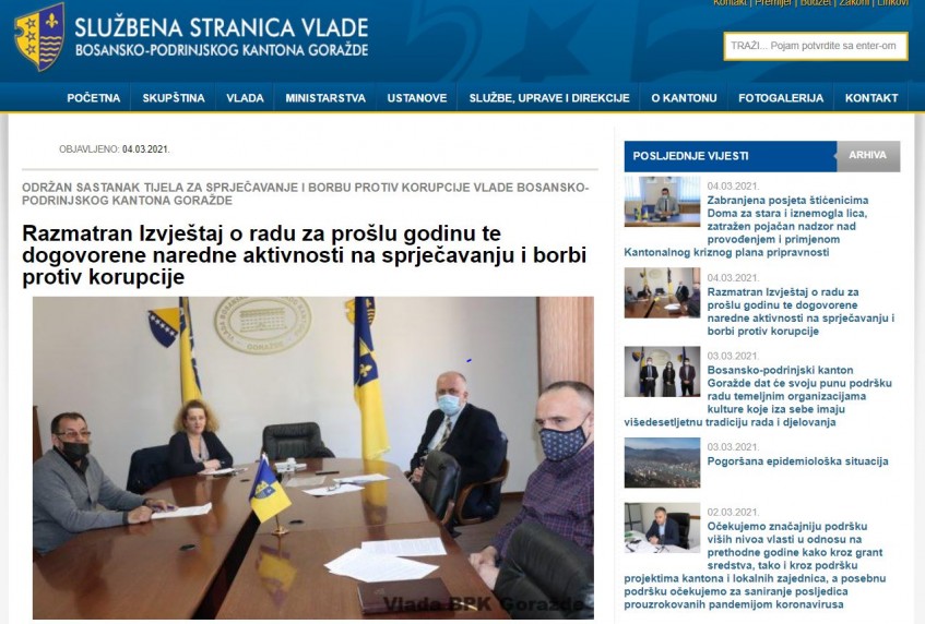 Razmatran Izvještaj o radu za prošlu godinu Tijela za sprječavanje i borbu protiv korupcije Vlade BPK Goražde