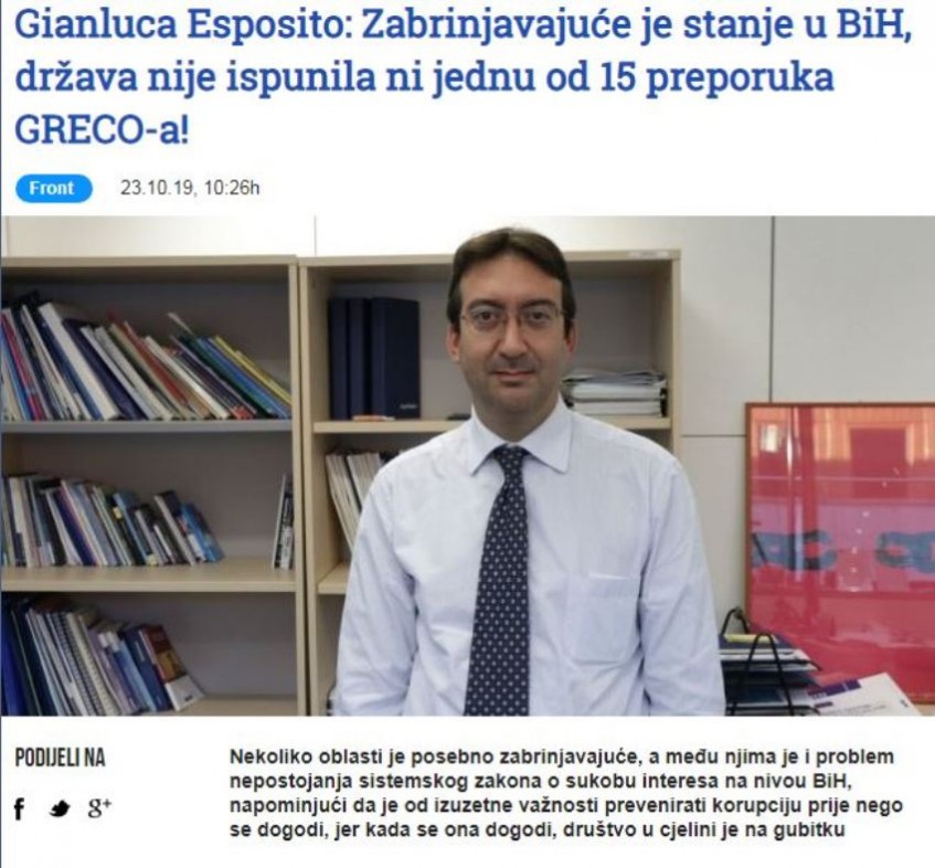 BiH nije ispunila ni jednu od 15 preporuka GRECO-a