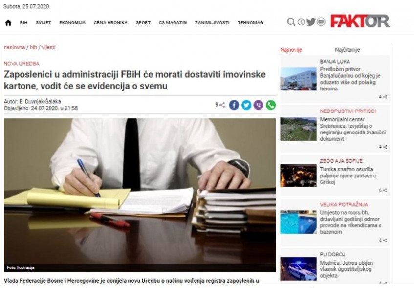 Zaposlenici u administraciji FBiH će morati dostaviti imovinske kartone