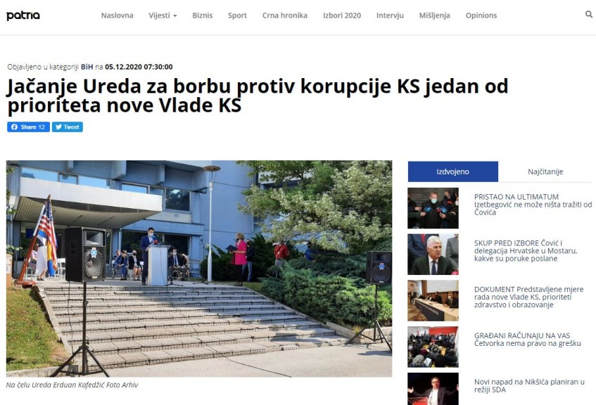 Jačanje Ureda za borbu protiv korupcije KS jedan od prioriteta nove Vlade KS