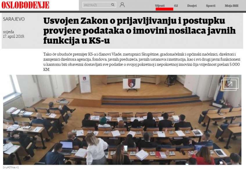 Usvojen Zakon o prijavljivanju imovine funkcionera u KS