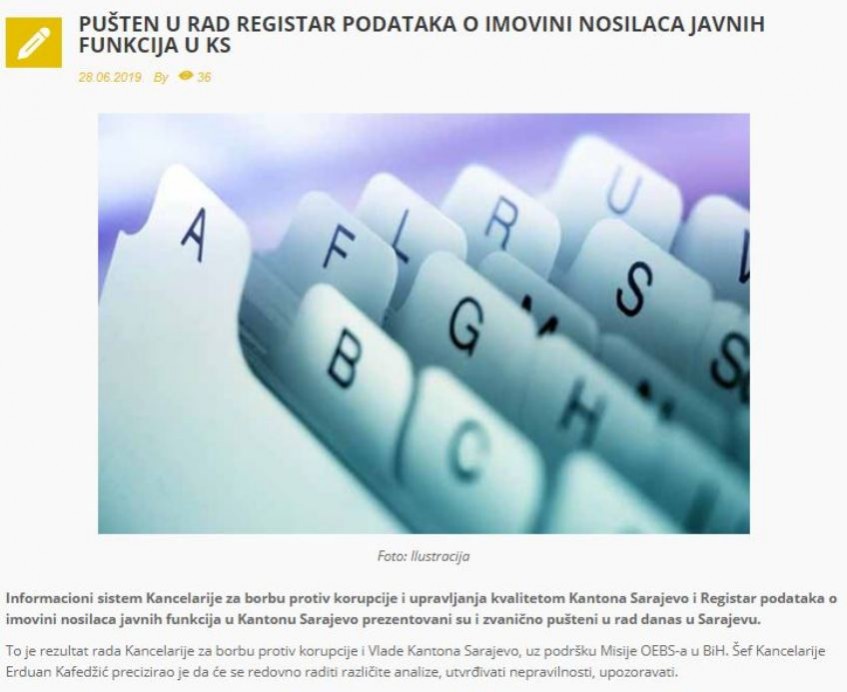 Pušten u rad Registar podataka o imovini nosilaca javnih funkcija u KS