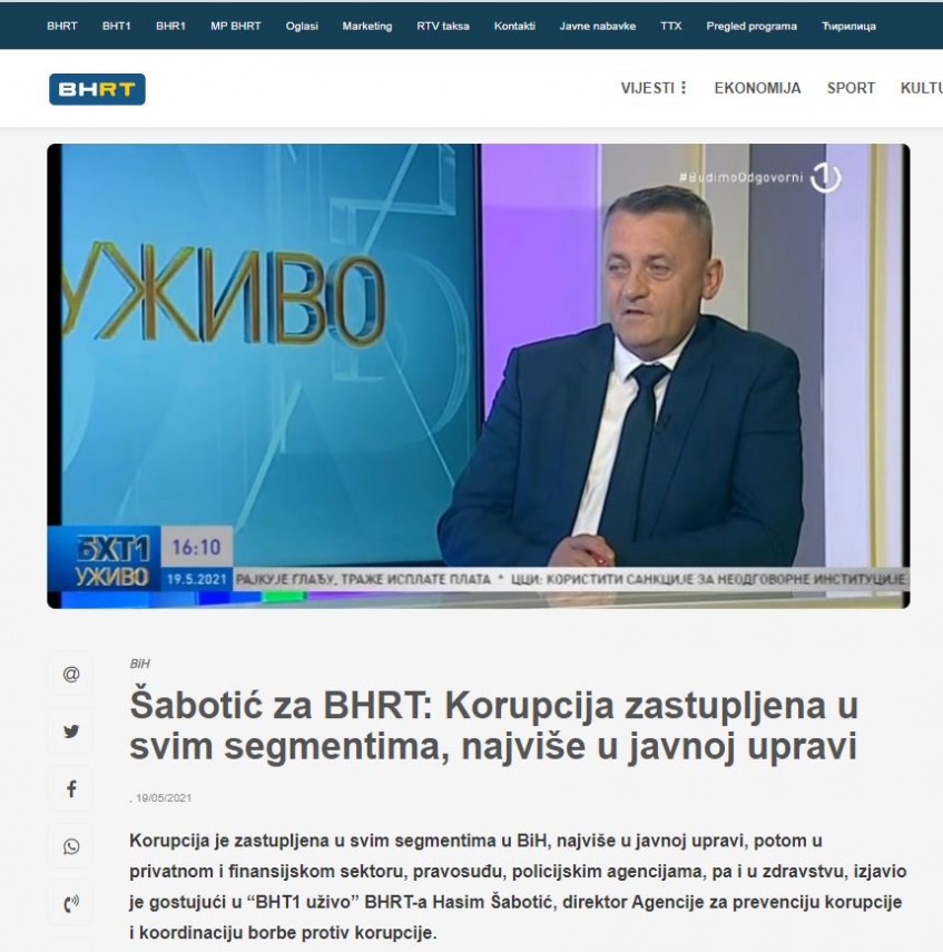 Šabotić za BHRT: Korupcija zastupljena u svim segmentima, najviše u javnoj upravi