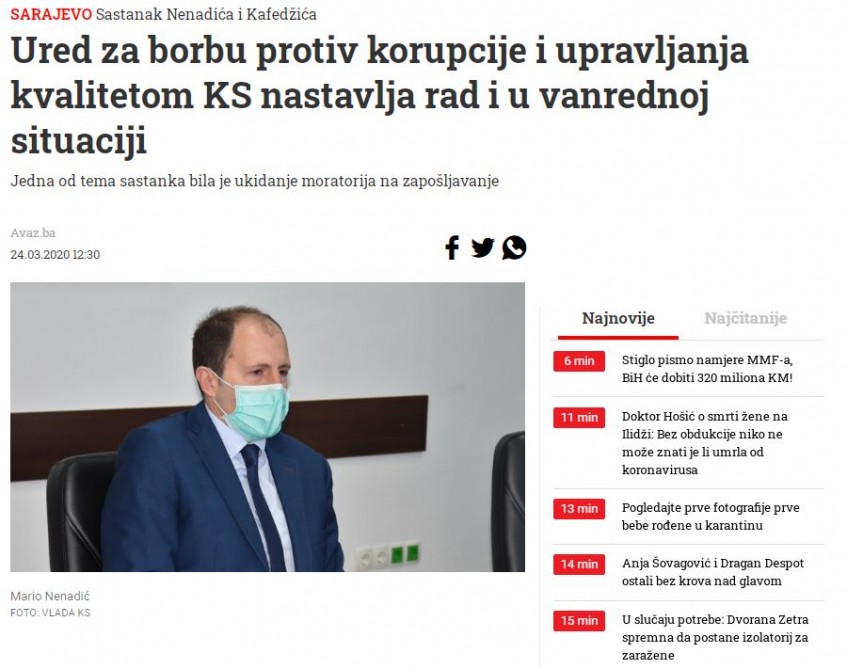 Ured za borbu protiv korupcije i upravljanja kvalitetom KS nastavlja rad i u vanrednoj situaciji