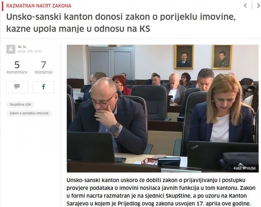 Unsko-sanski kanton donosi zakon o porijeklu imovine