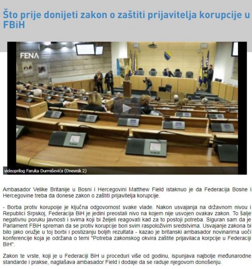 Što prije donijeti zakon o zaštiti prijavitelja korupcije u FBiH